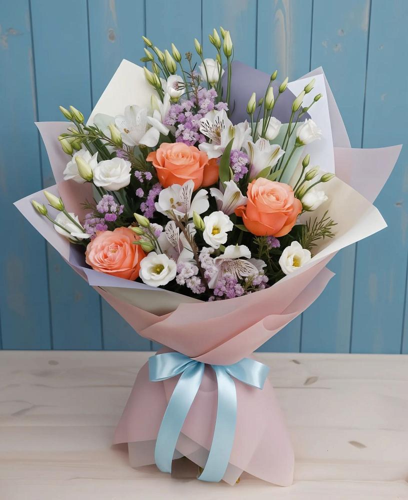 Букет цветов из: Лизиантусы, Розы, Альстромерии и Гипсофила в Аксае Республика Дагестан