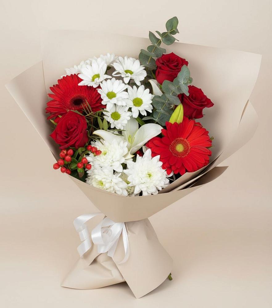 Букет цветов из: Розы, Хризантемы, Герберы и Лилии в Аксае Республика Дагестан